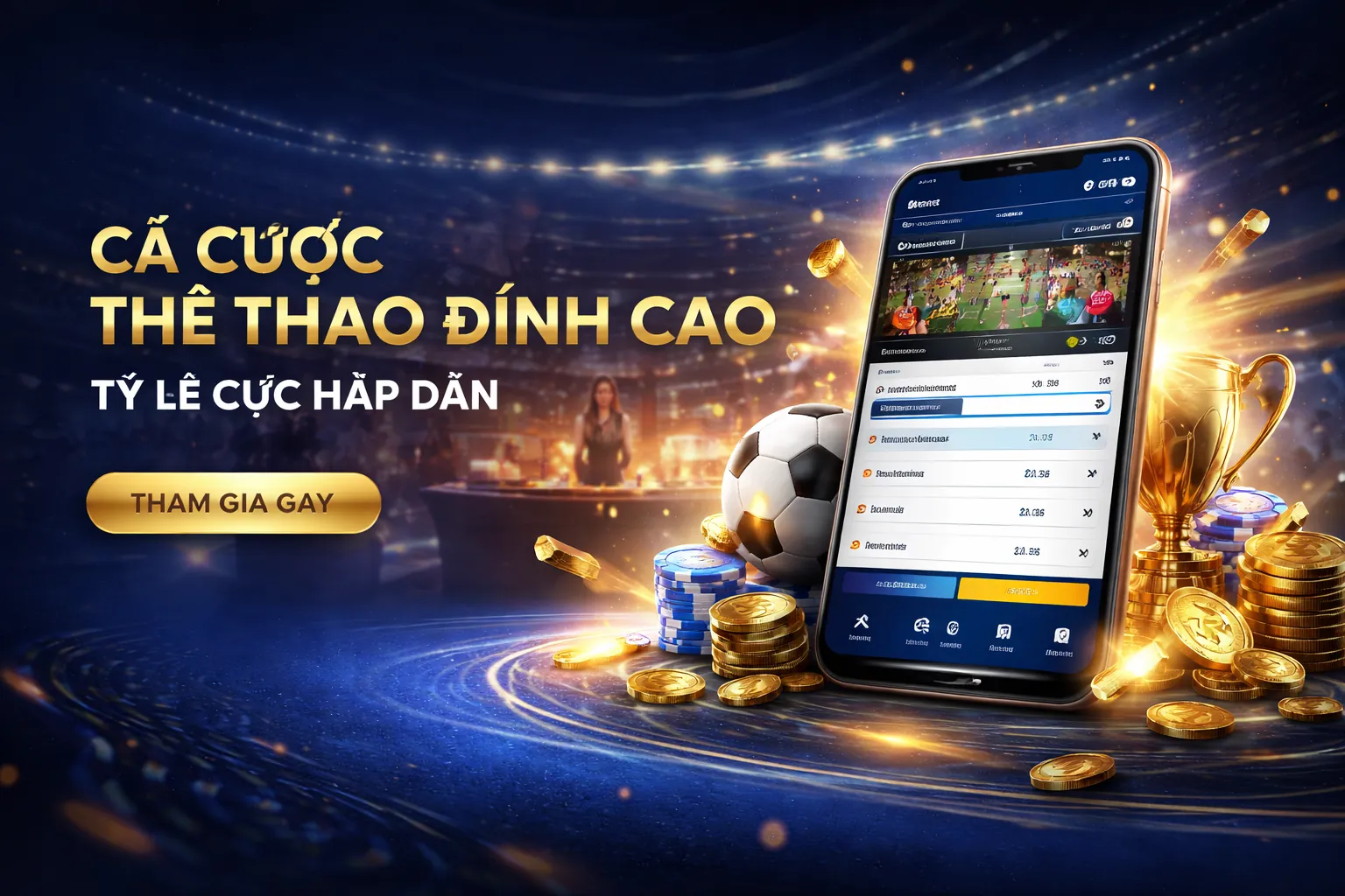 Sân vận động bóng đá với ánh đèn rực rỡ, tượng trưng cho niềm đam mê cá cược thể thao tại GA6789.